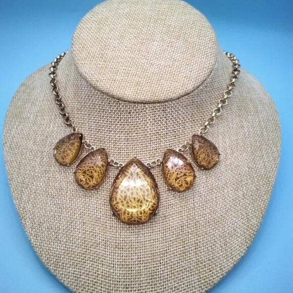 Jewelry - New Womens Filigree Necklace & Earrings Set Gold Toned Acrylic Teardop